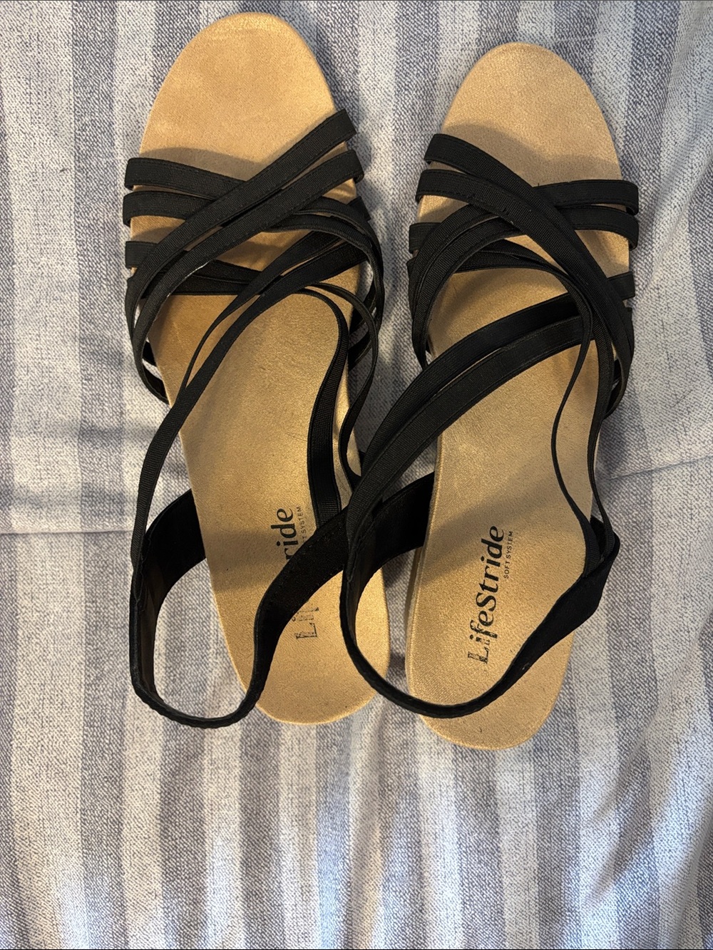 Life Stride Black Strappy Sandals with Tan Footbed